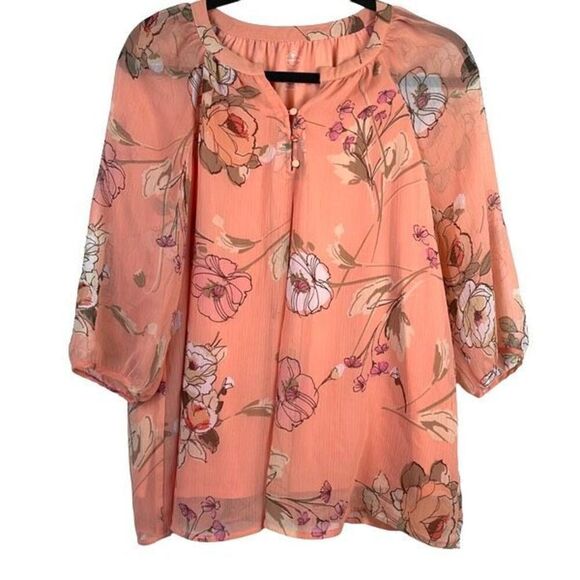 St. John's Bay Women's Floral Chiffon Split Neck Blouse Peach Petite Medium - Picture 1 of 8